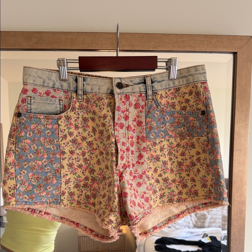 Anthropologie Floral Patchwork Yellow Pink Blue Jean Shorts